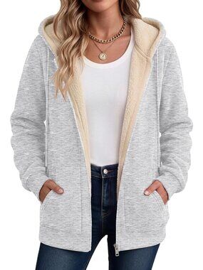 Cozy Sherpa Fleece Zip-Up Hoodie Jacket for Women - Warm Fall Winter Coat